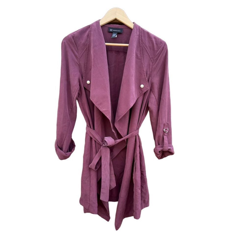 INC Women's Purple Faux Suede Trench Jacket Coat Size M Mid Length Tie Waist